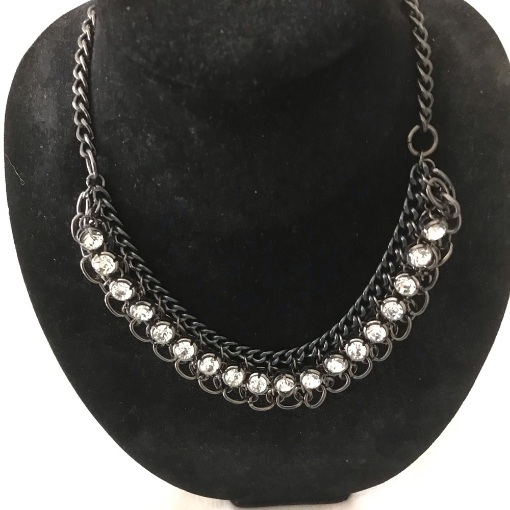 NEW, BLACK METAL NECKLACE WITH CLEAR STONES,